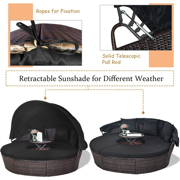 Costway Patio Rattan Daybed Cushioned Sofa Adjustable Table Top Canopy