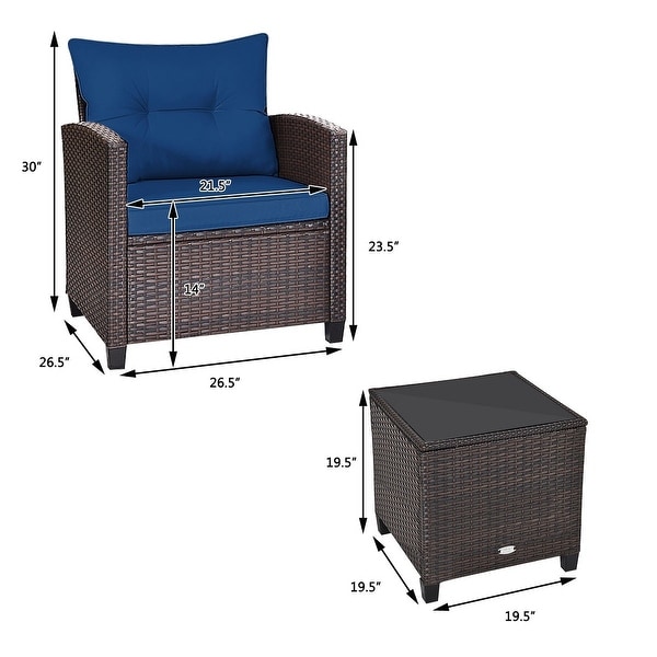 3 Pieces Rattan Patio Furniture Set with Washable Cushion