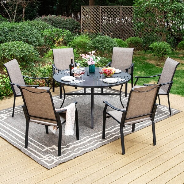 MAISON ARTS 5/7Piece Patio Dining Set,Round Metal Table and 4/6 Textilene Fabric Padded Armchairs