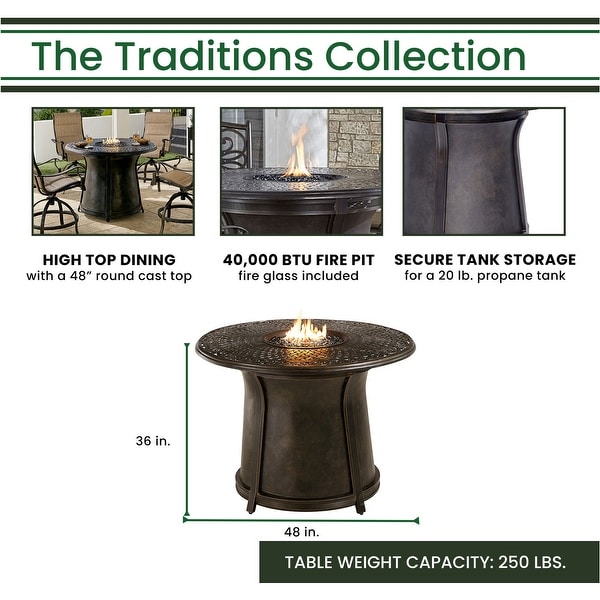 Hanover Traditions 5Piece HighDining Set in Blue with 4 Padded CounterHeight Swivel Chairs and 40,000 BTU Fire Pit Table