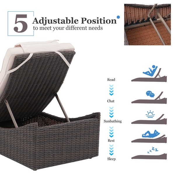Patio Wicker Chaise Lounge Recliner Foldable Chair,w/ 5 Adjustable Back Positions and Cushion