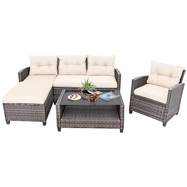 Costway 4PCS Patio Rattan Furniture Set Sofa Ottoman Cushion Garden