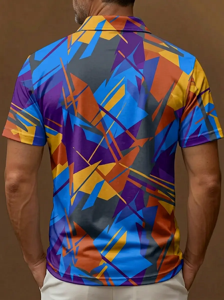 Purple Blue Orange Geometric Abstract Print Short Sleeve Golf Polo Shirt