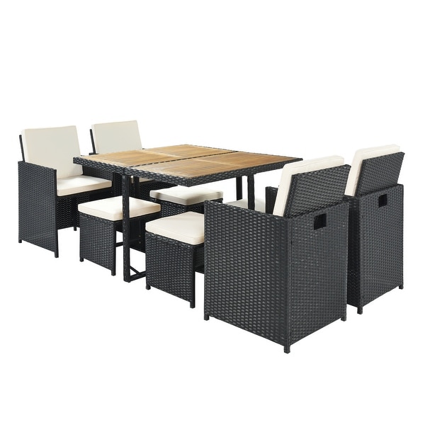 9piece Patio Wicker Dining Table Set with Wooden Tabletop