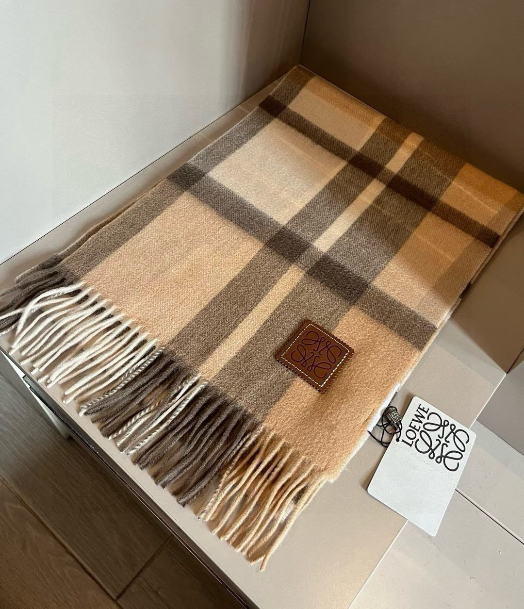 Loewe Cashmere Scarf Check Beige Brown For Women 180cm