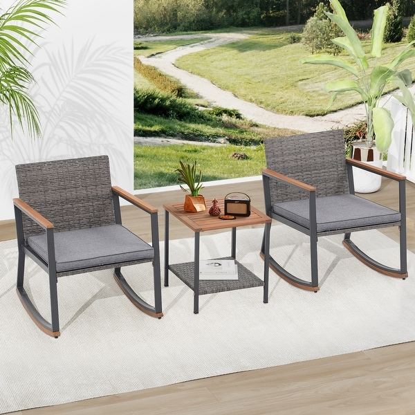3 Piece Rocking Chair Patio Bistro Set Balcony Chairs Conversation Sets With Coffee Table and Cushions