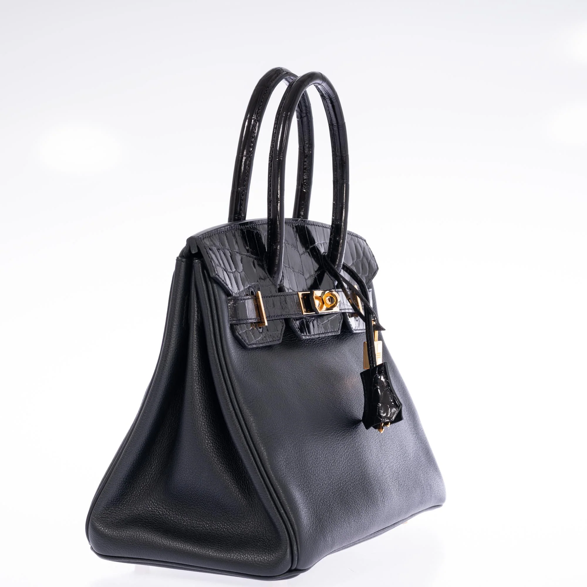 Hermès Birkin 30 Touch Black Shiny Niloticus Crocodile and Novillo Gold Hardware