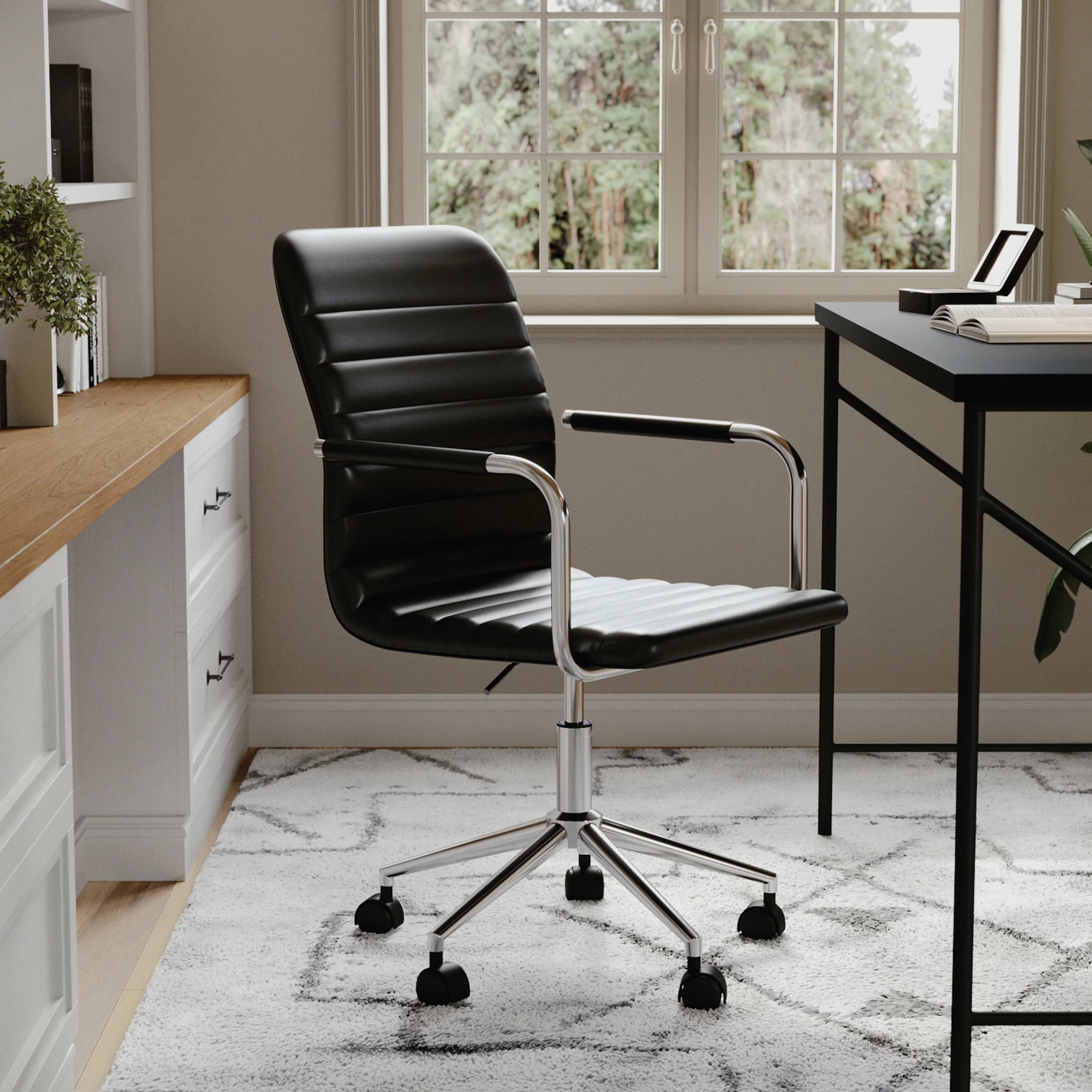 Martha Stewart Taytum Upholstered Office Chair in Black/Polished Nickel