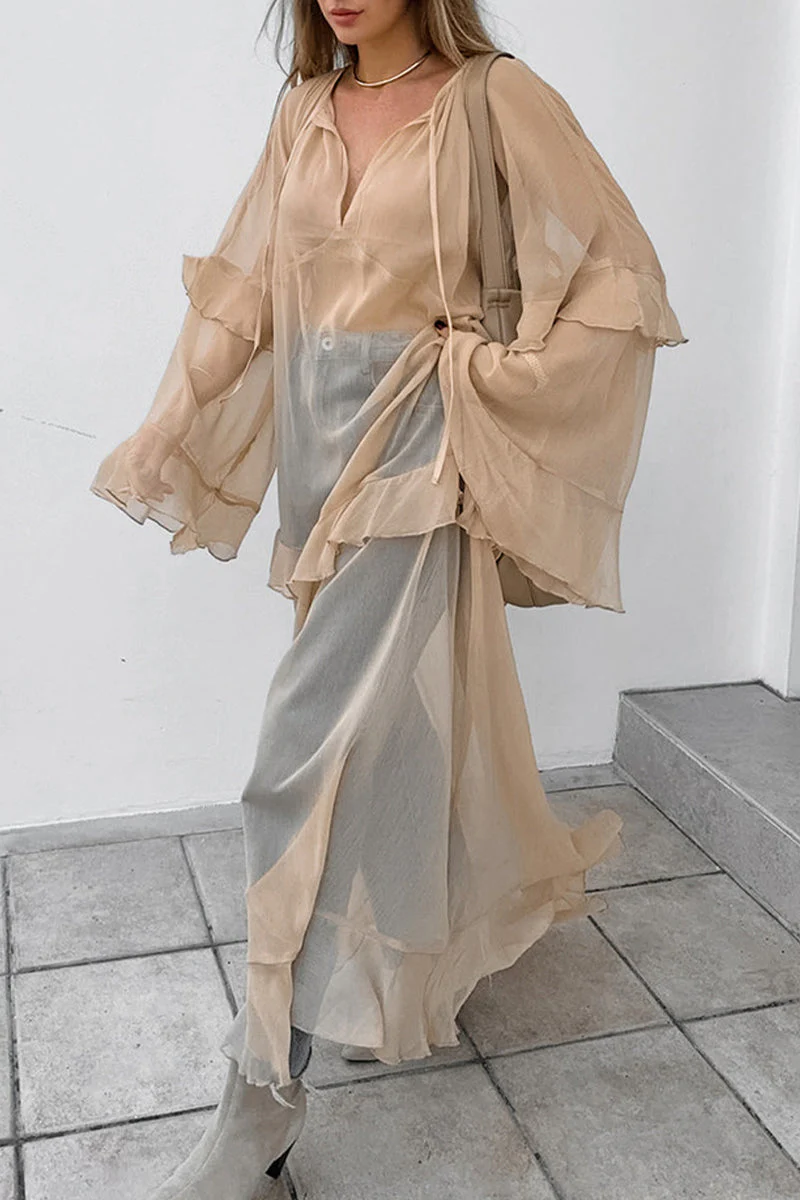 Sheer Ruffle Maxi Dress | Flowy V-Neck Chiffon GownClistos