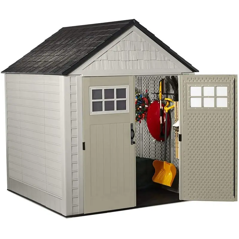 Rubbermaid 7 ft x 7 ft Resin Garden Shed – Sand Finish, Windows & Utility Hooks Included