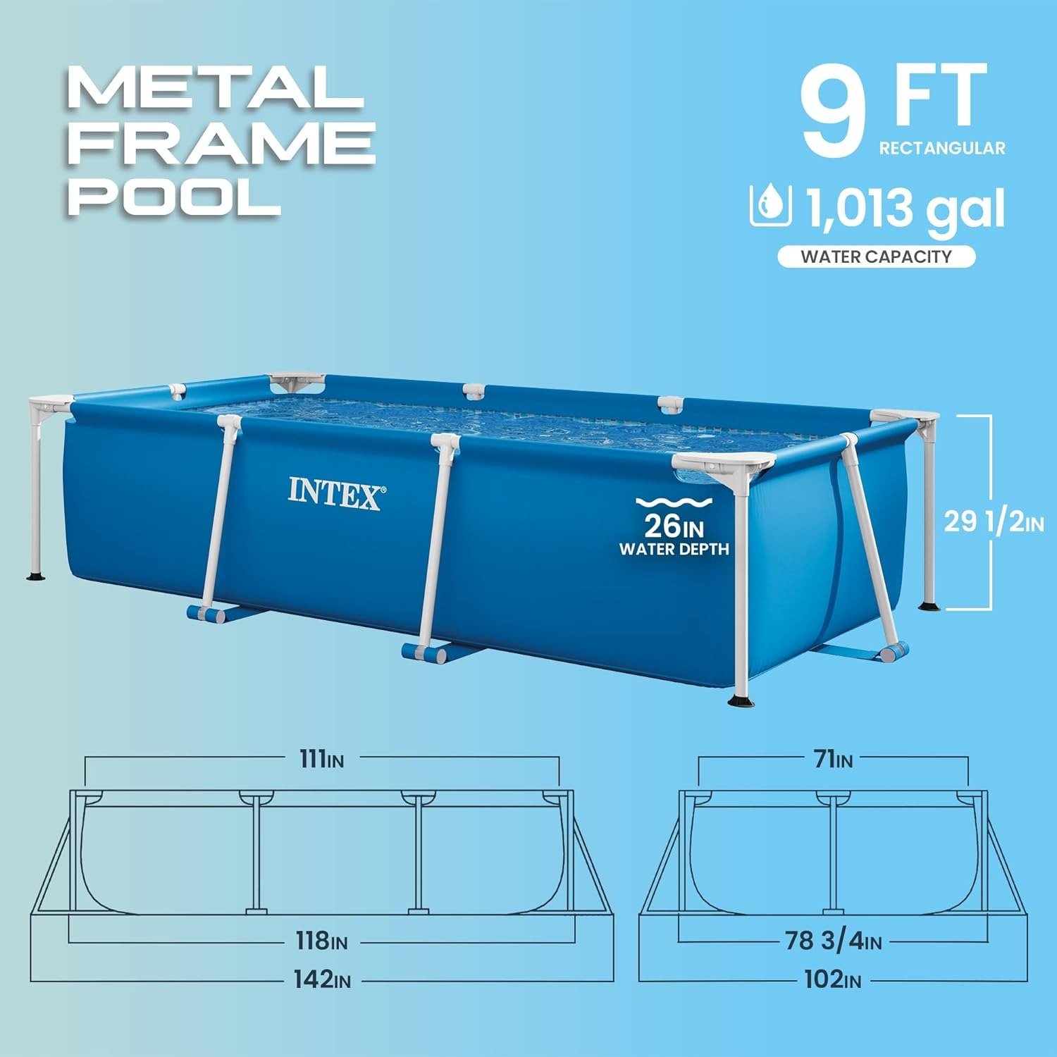 Rectangular Frame 9 ft 10 in x 6 ft 6.75 in x 29.5 in Above Ground Pool, Swimming Pool with Steel Frame, Pump Not Included