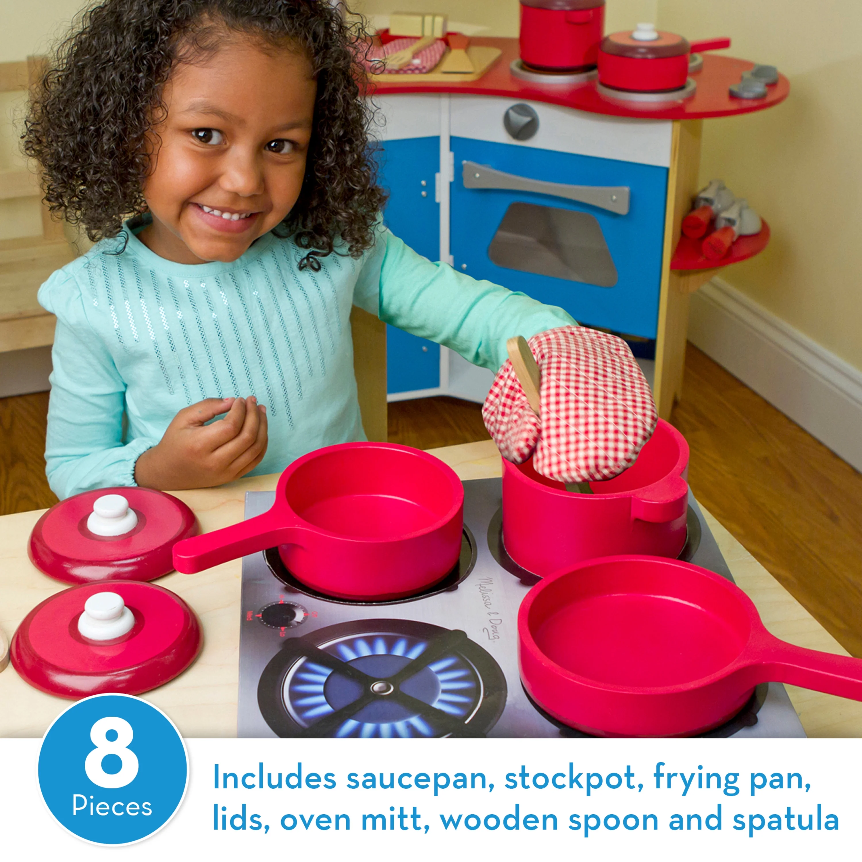 Melissa & Doug Deluxe Wooden Kitchen Accessory Play Set - Pots & Pans (8 pcs)