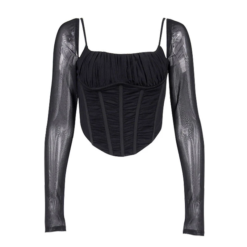 Corset Mesh Top Square Neck Ruched Long SleeveClistos