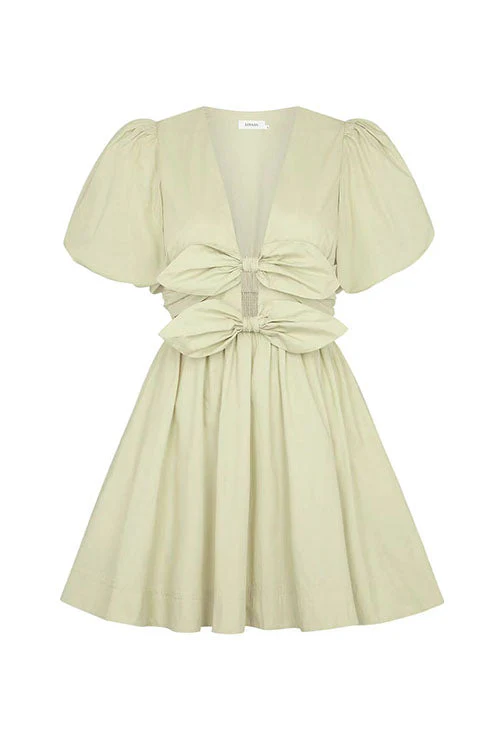 Plunge Neck Puff Sleeve Bow A-Line DressClistos