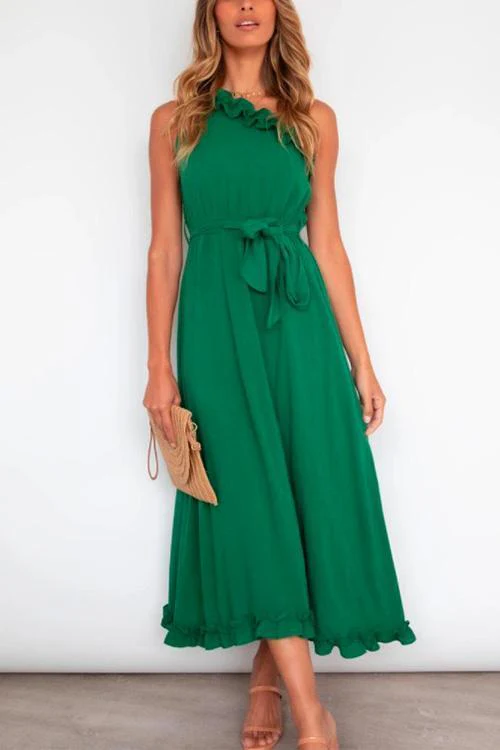 One Shoulder Ruffle Swing Dress with Tie WaistClistos
