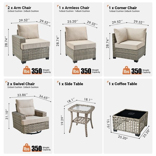 OVIOS 9 Pieces T shaped Seat Wide Armrest Swivel Chair Set With SolarPowered Table