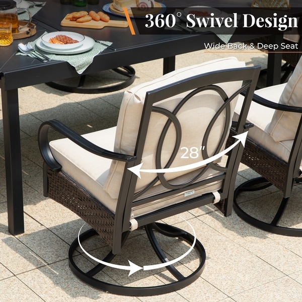 5Piece Patio Dining Set of 4 Swivel Steel Rattan Chairswith Deepseating and Back Cushions Chairs and 1 Metal Framed Table