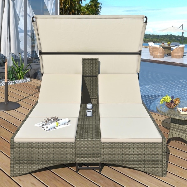 MERAX Outdoor Rattan Sun Lounger with Shelter Roof,Adjustable Backrest