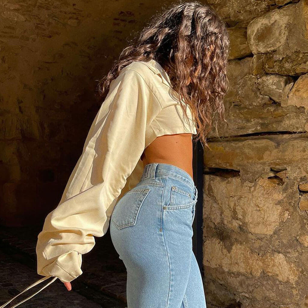 Balloon Sleeve Crop Top with Lapel CollarClistos