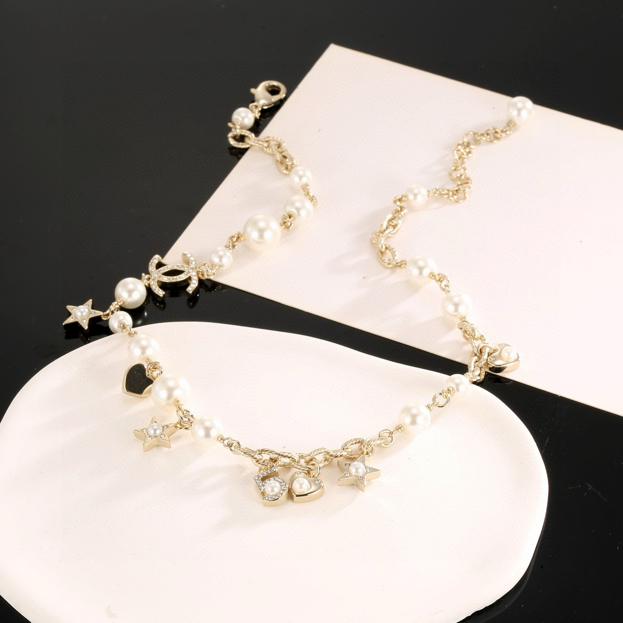 Chanel Star Heart Peach Letter Double C Necklace - cnluxepick