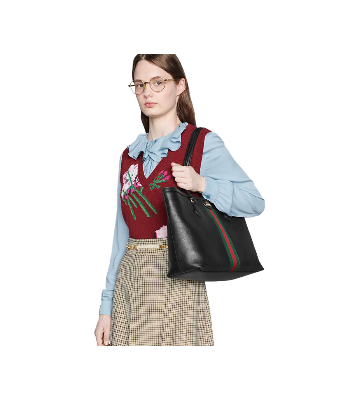 Gucci Ophidia Black Leather Tote Bag with Web Stripe 38cm/15in