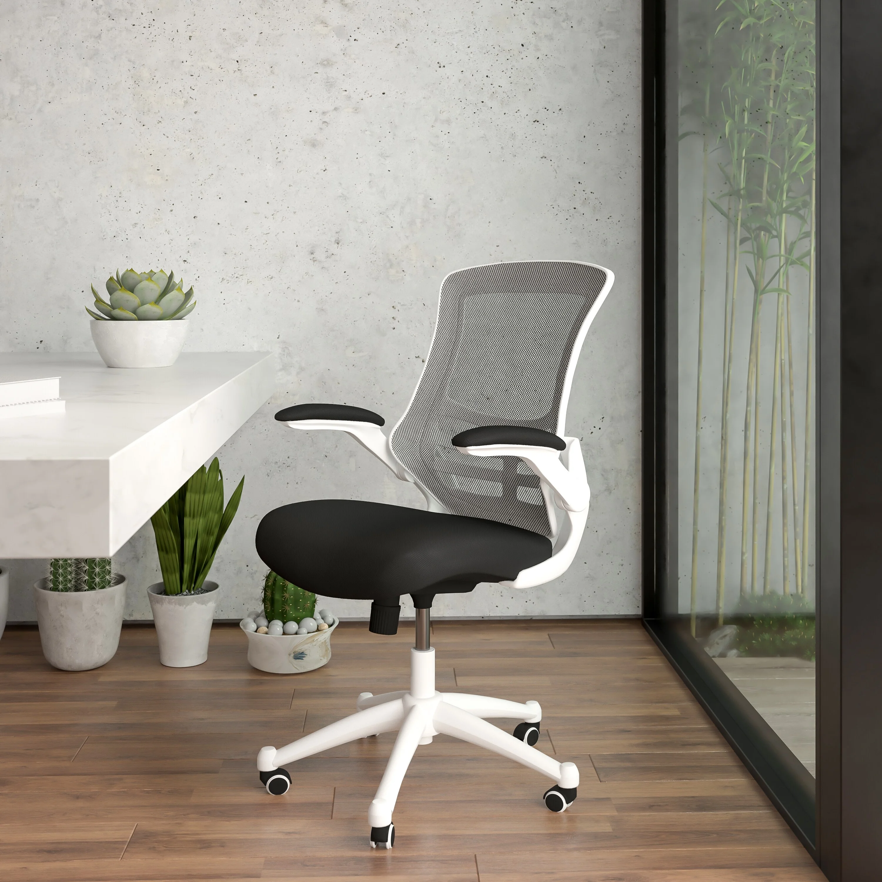 Lancaster Home Mid-Back Mesh Swivel Ergonomic Task Office Chair with Flip-Up Arms Blue Mesh/White Frame