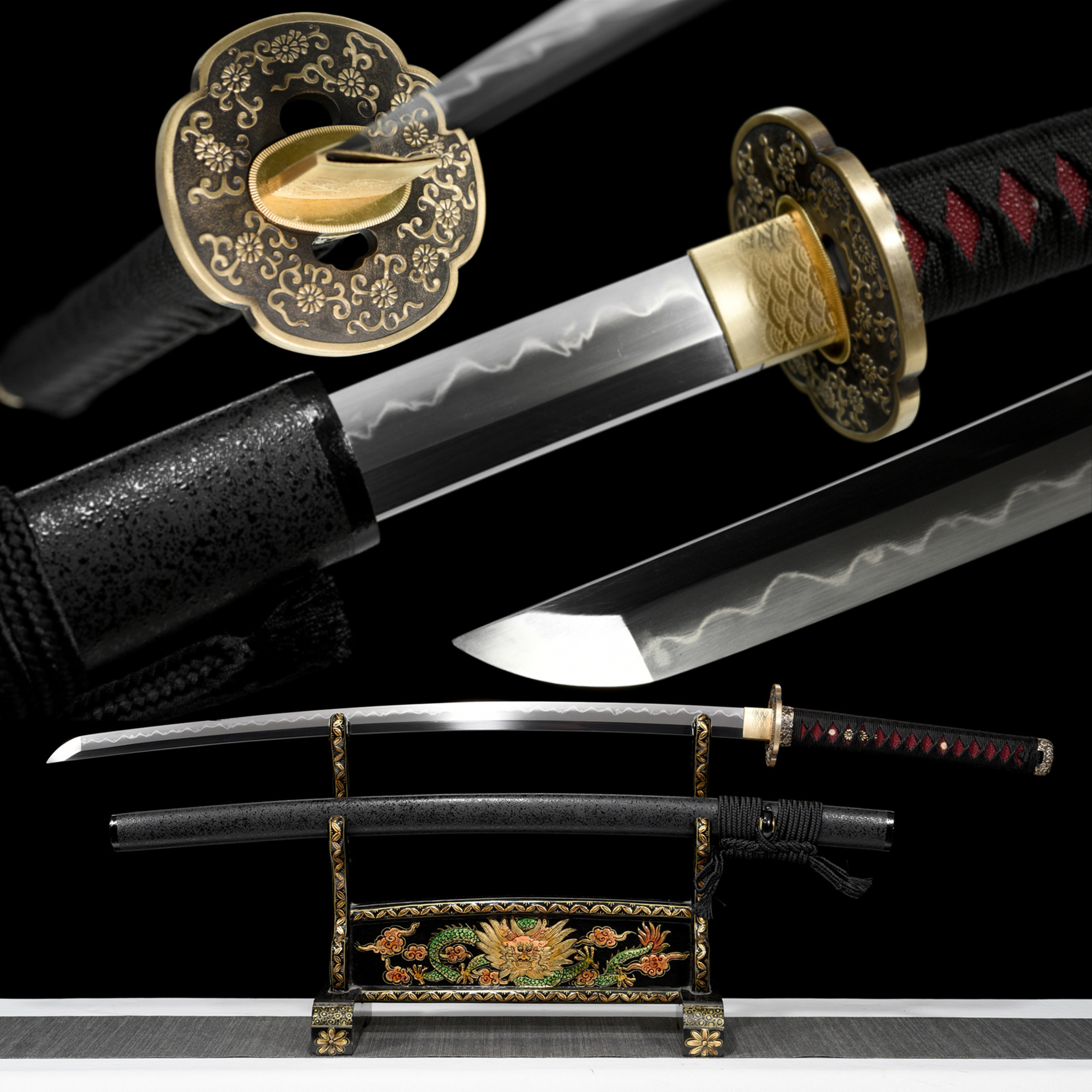 T8 Black Katana – Clay Tempered Hamon, Full Tang
