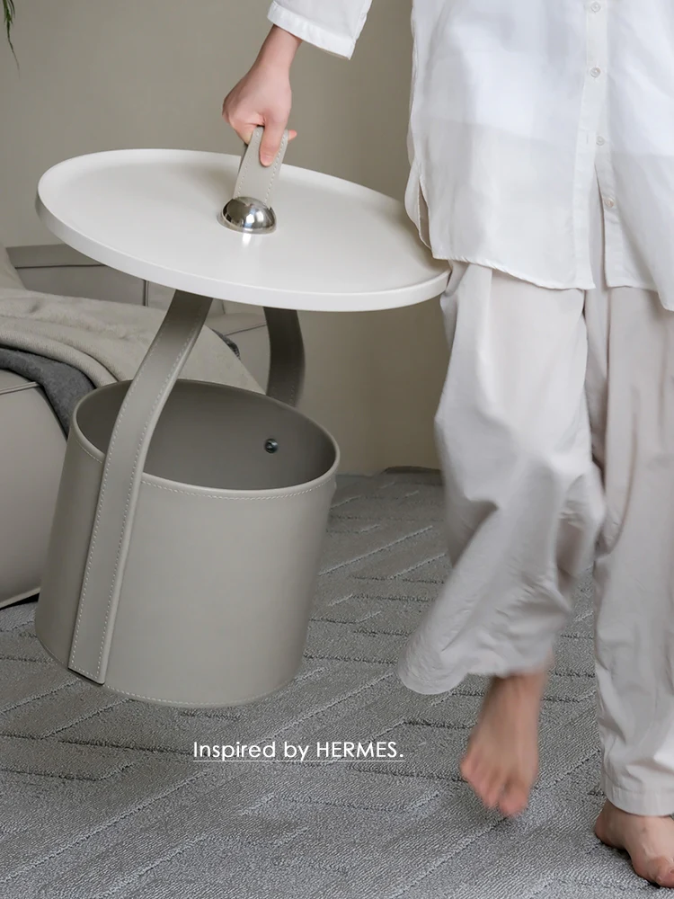 YA020-1 - Limited Edition Glacier Grey! HERM@S Creative Artistic Saddle Leather Sofa Side Table: Luxurious, Portable, Bedside