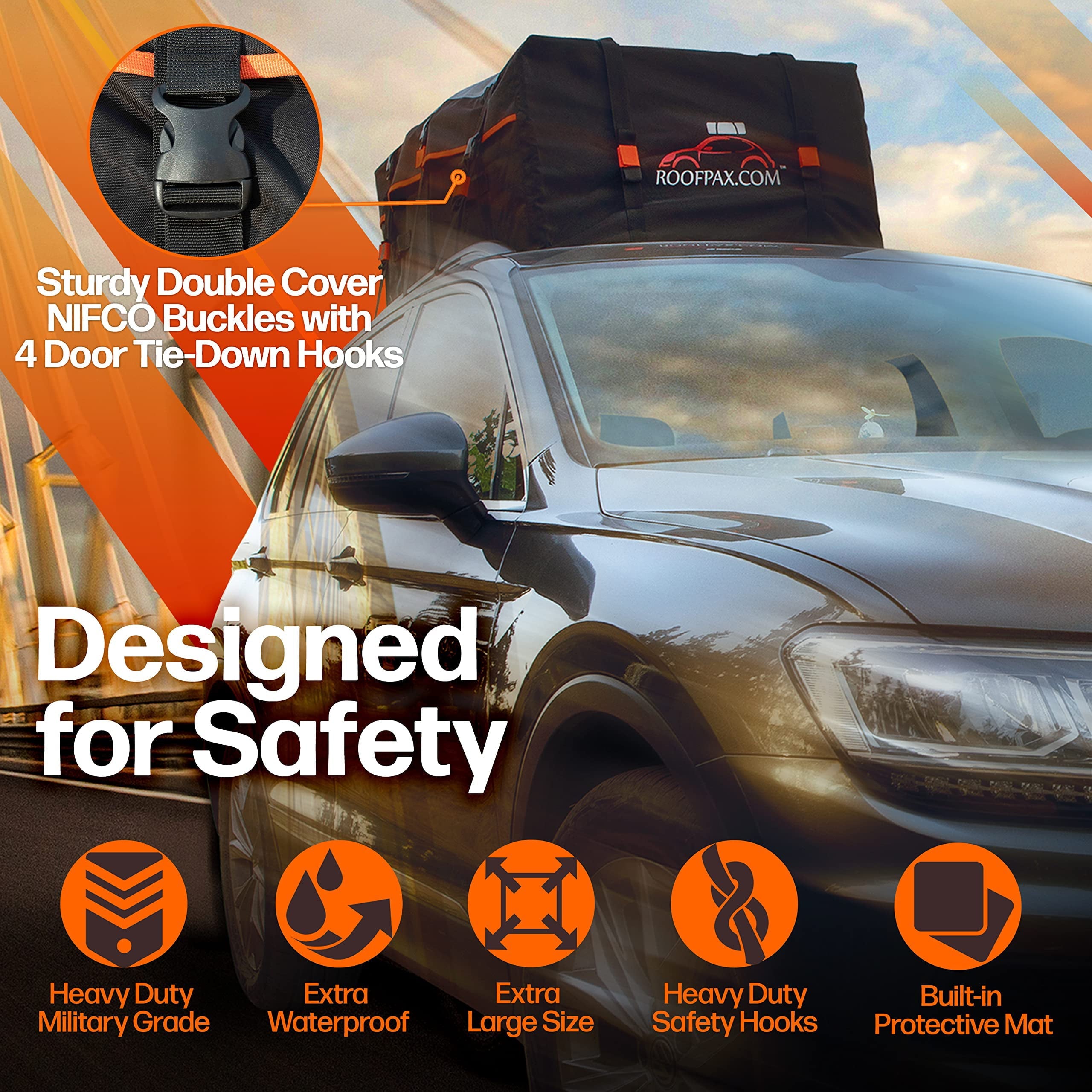 RoofPax 19 cft. Extra Waterproof Car Rooftop Cargo Carrier Bag, Heavy Duty, 6 Safety Hooks Included
