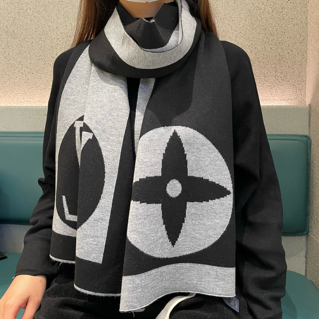 Louis Vuitton Monogram Cashmere Jacquard Scarf Grey-Black For Women 180cm