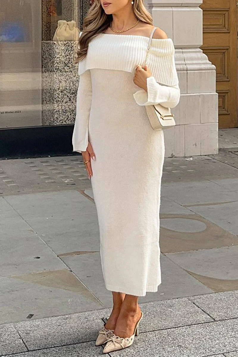 Off Shoulder Long Sleeve Knit Midi DressClistos