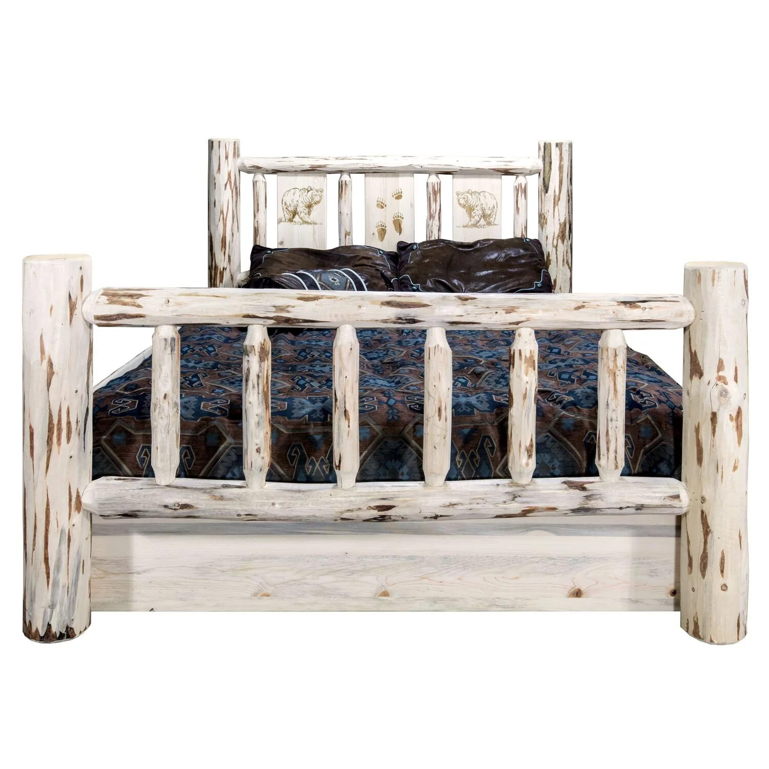 Montana Woodworks Wood Full Storage Bed with Engraved Pine Design in Natural