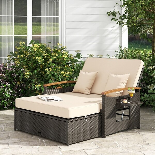 Patio Rattan Daybed Set with Cushioned Loveseat and Storage Ottoman