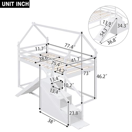 Twin Over Twin Wood House Bunk Bed with Slide and Storage Staircase, Twin Size House Loft Bed Frame with Roof and Safety Guardrails for Boys and Girls, Natural