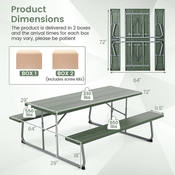 Folding Picnic Table Set with Metal Frame and AllWeather HDPE Tabletop,Umbrella Hole