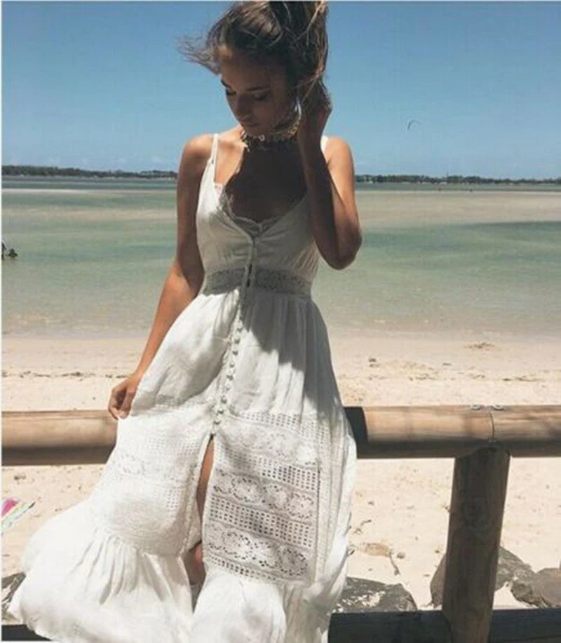 Boho Lace Maxi Dress | Ruffled Hem Summer GownClistos