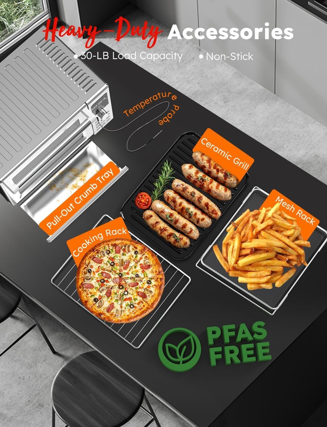 30QT 12-in-1 Air Fryer Grill Oven, 2025 Ultra-Fast Convection, 142 Presets, Smart Probe, PFAS-Free, Brushed Stainless Steel