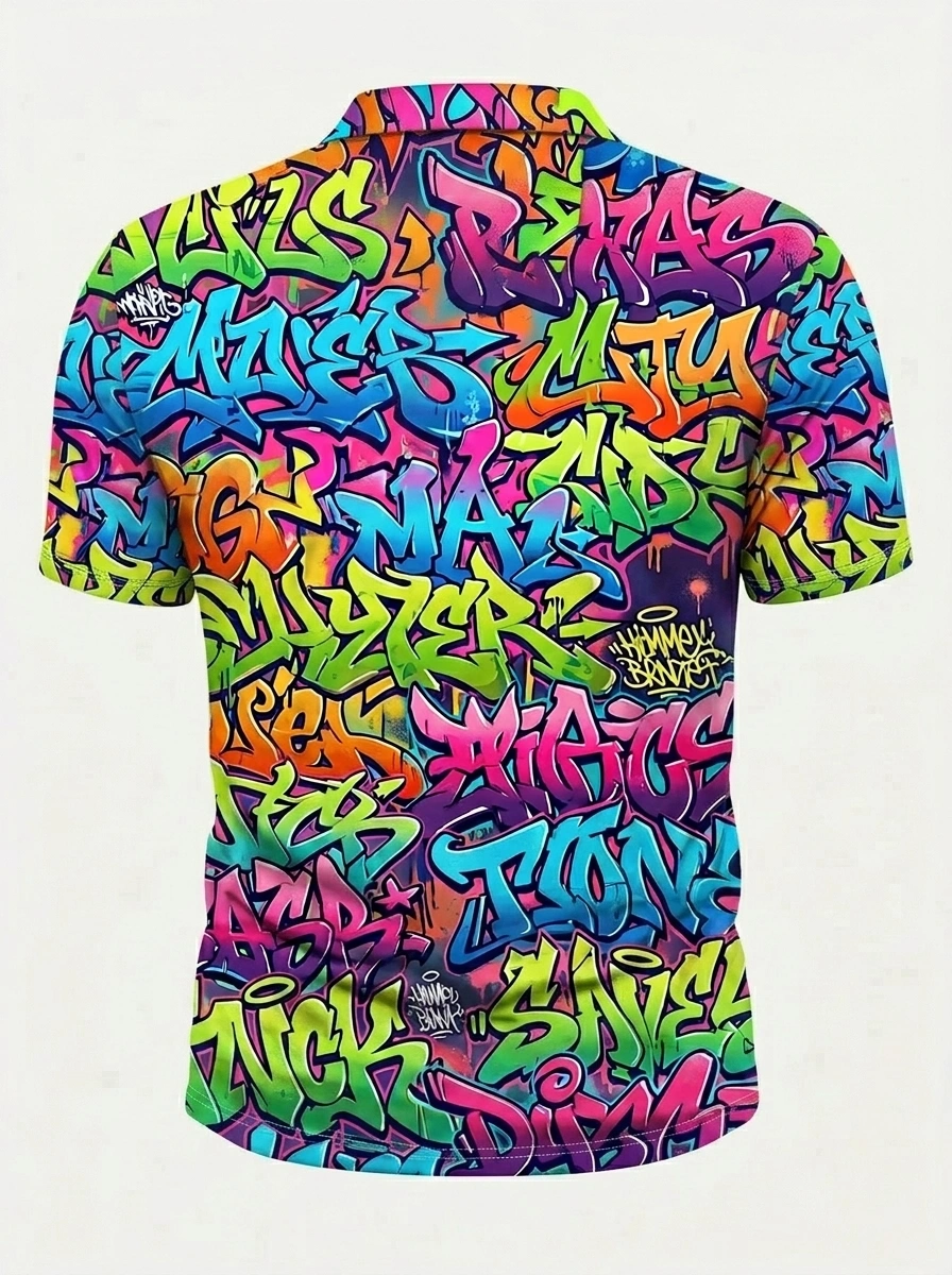 Moisture Wicking Golf Polo 3D Multicolor Graffiti Button Short Sleeve Golf Polo Shirt