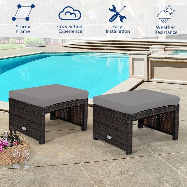 Costway 2PCS Patio Rattan Ottoman Cushioned Seat Foot Rest Furniture