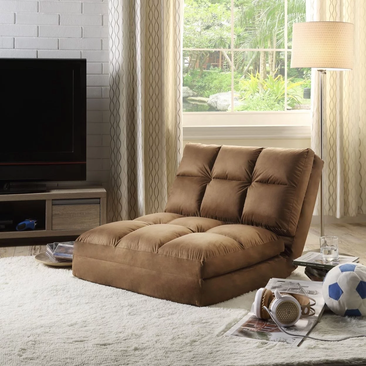 Loungie Beige Flip Chair-5 Position Adjustable-Sleeper-Dorm Bed-Lounger Seat or Sofa-Portable