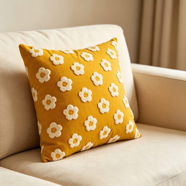 Mustard Yellow Base White Daisy Embroidered Decorative Throw Pillow with Insert