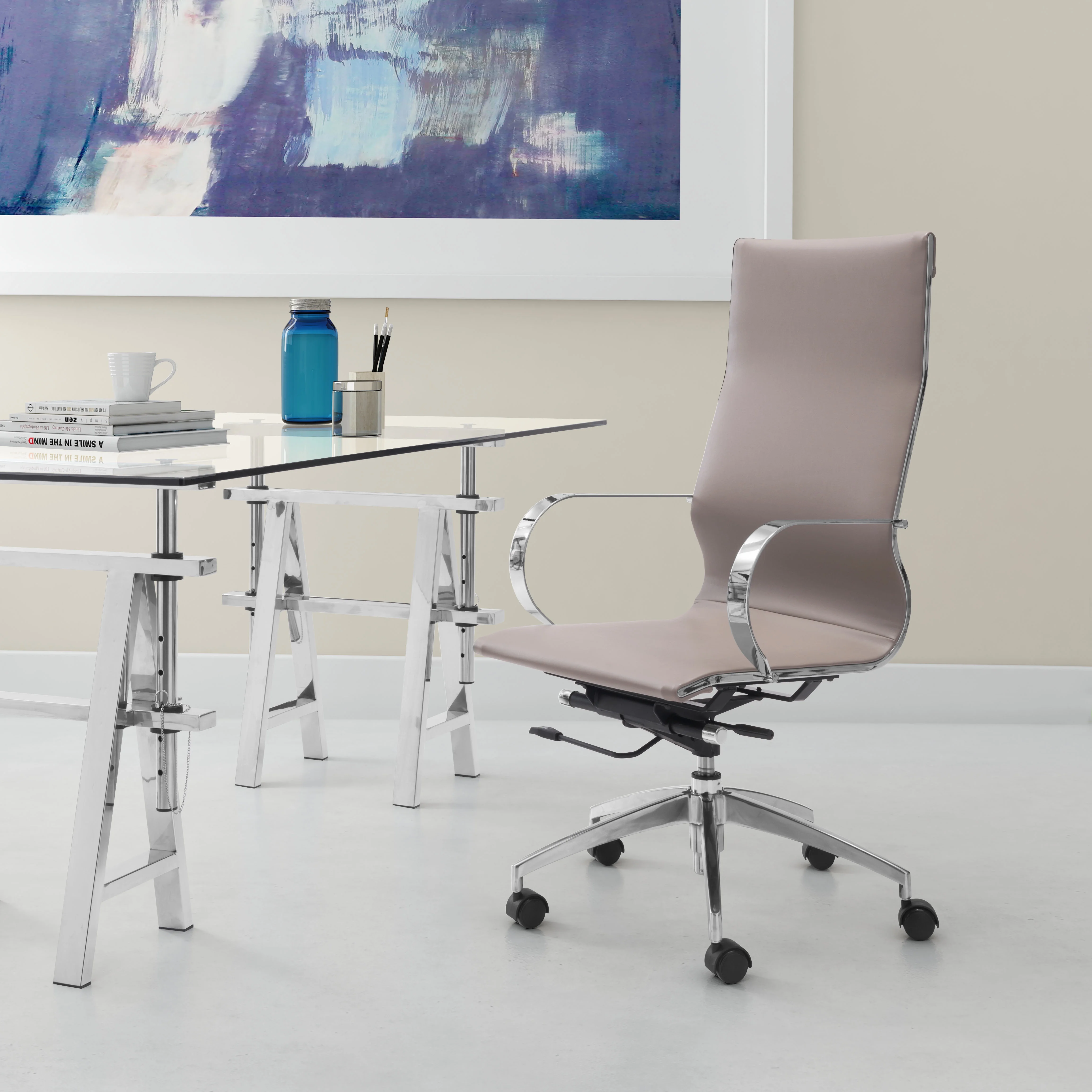 Zuo Modern® Glider High-Back Office Chair, Taupe/Chrome