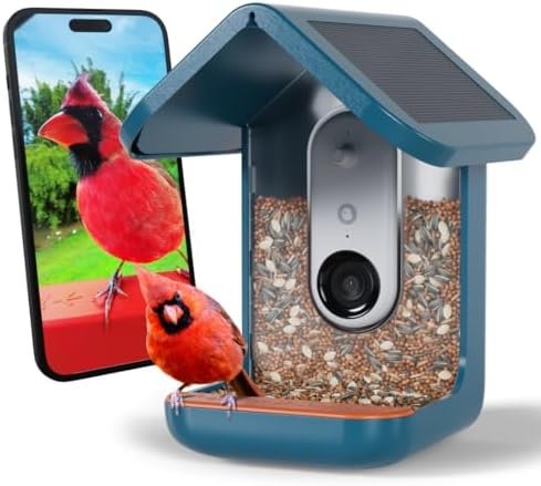Solar Smart Bird Feeder with Camera – AI Bird Species Identification, 5MP Photos, 2K HD Video Live Stream Camera, Slow-Motion Video, 2.6in Focus – Blue Solar