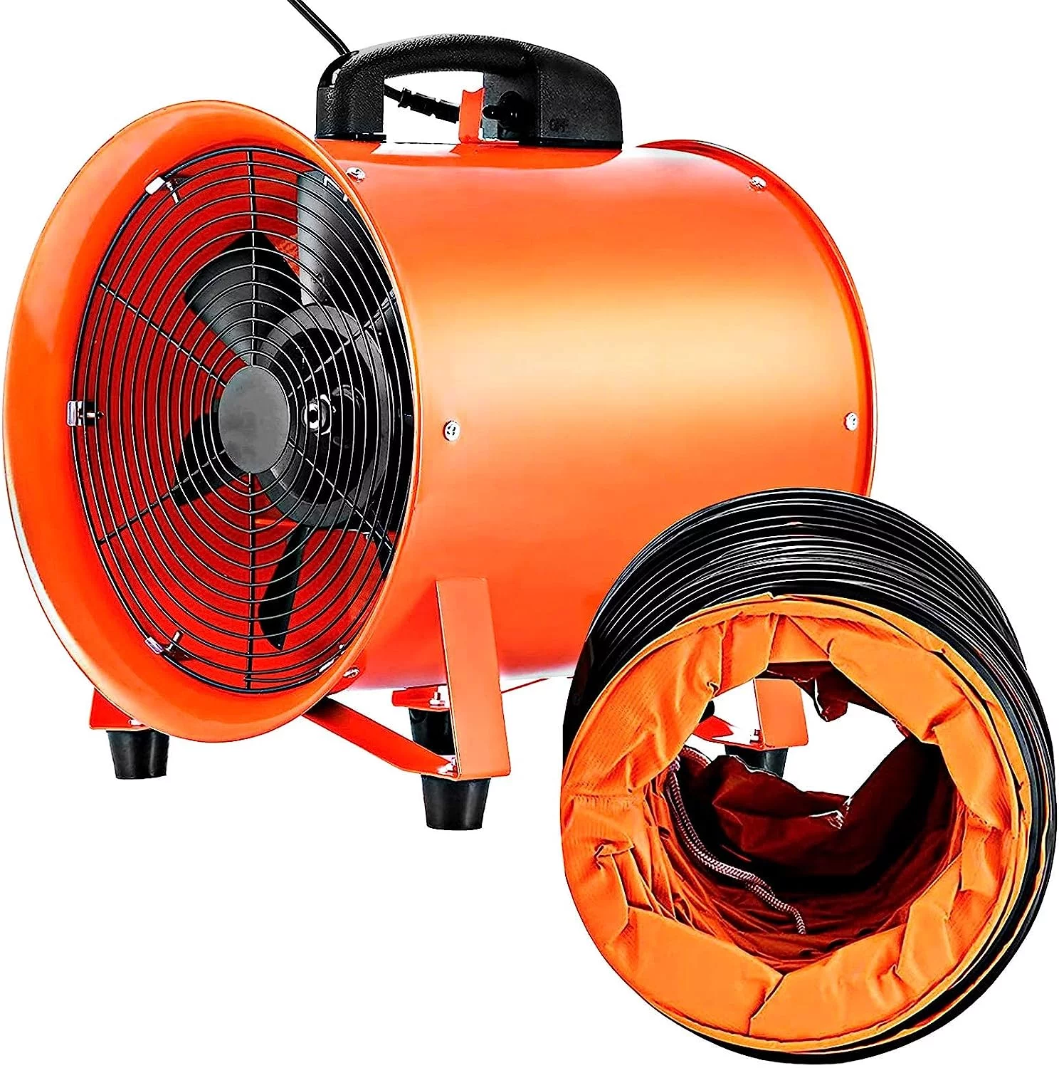 10 Inch Portable Ventilator Fan, High Velocity, Low Noise, 2700m3/h Air Flow, 320W Power, 295Pa Pressure, with 5M Duct Hose, Orange