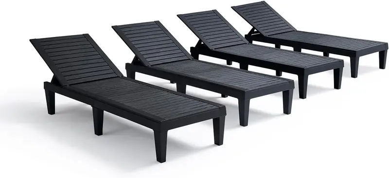 Set of Two Black Waterproof Outdoor Chaise Lounges – 5-Position Adjustable Tanning and Sunbathing Chairs