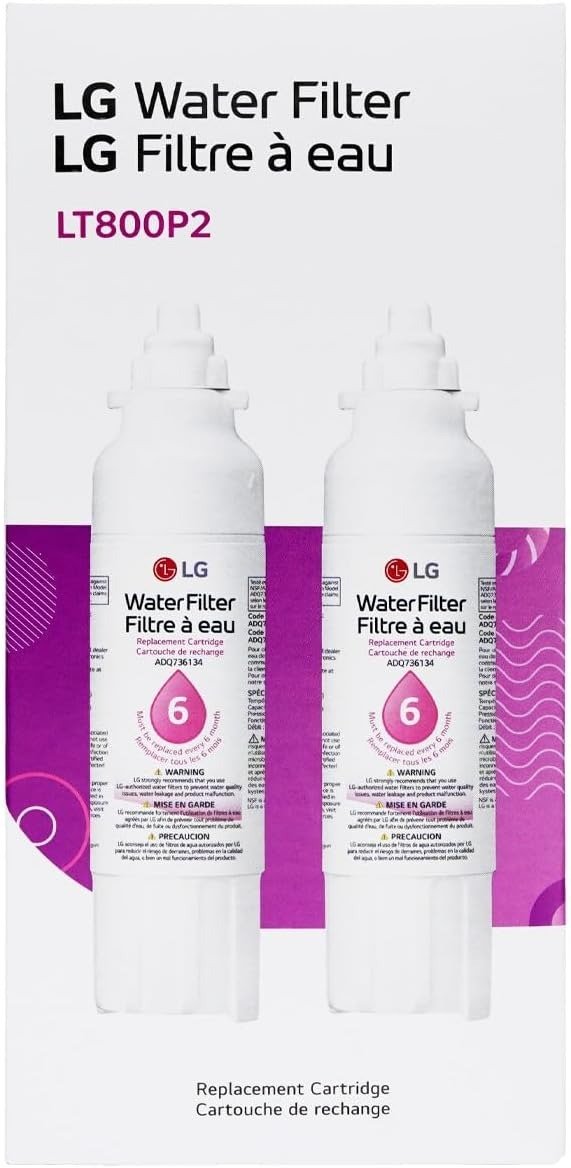 2-pack refrigerator water filters, reduces impurities, 6-month/200-gallon lifespan, tool-free twist-lock installation