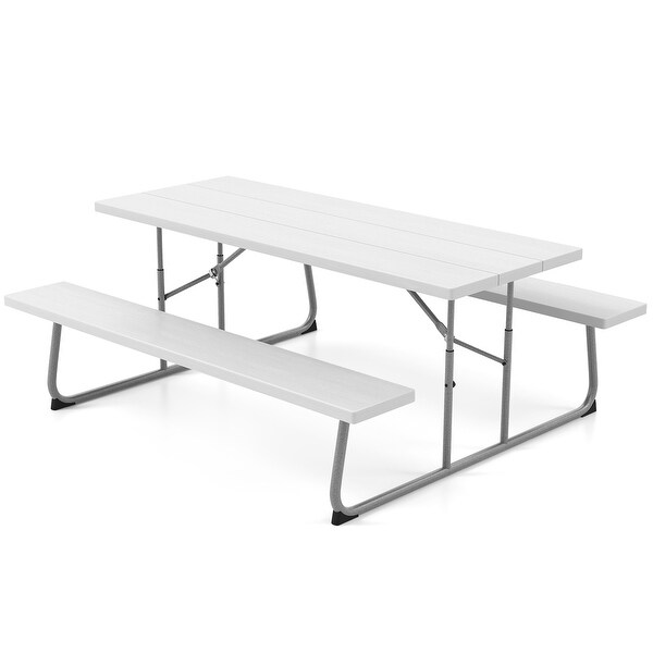 Folding Picnic Table Set with Metal Frame and AllWeather HDPE Tabletop,Umbrella Hole