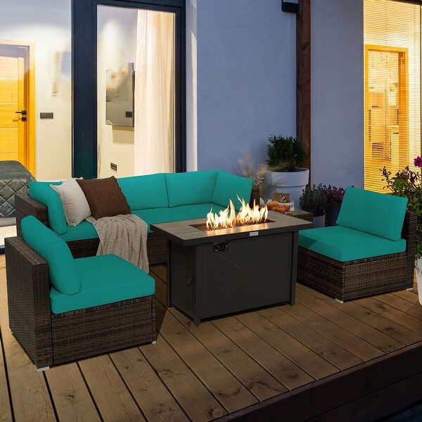 Gymax 7PCS Patio Rattan Furniture Set Fire Pit Table Cover Cushion