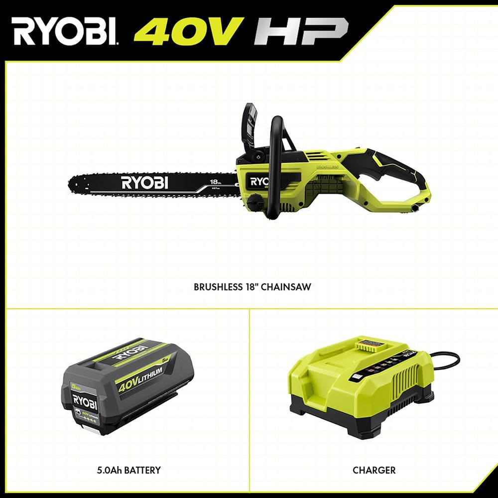 40V HP Brushless 18 in. Battery Chainsaw with 5.0 Ah Battery and Charger RY40580