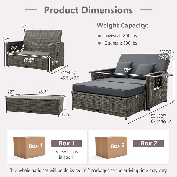 Costway Wicker Loveseat Sofa Set Patio Rattan Daybed with Ottoman and